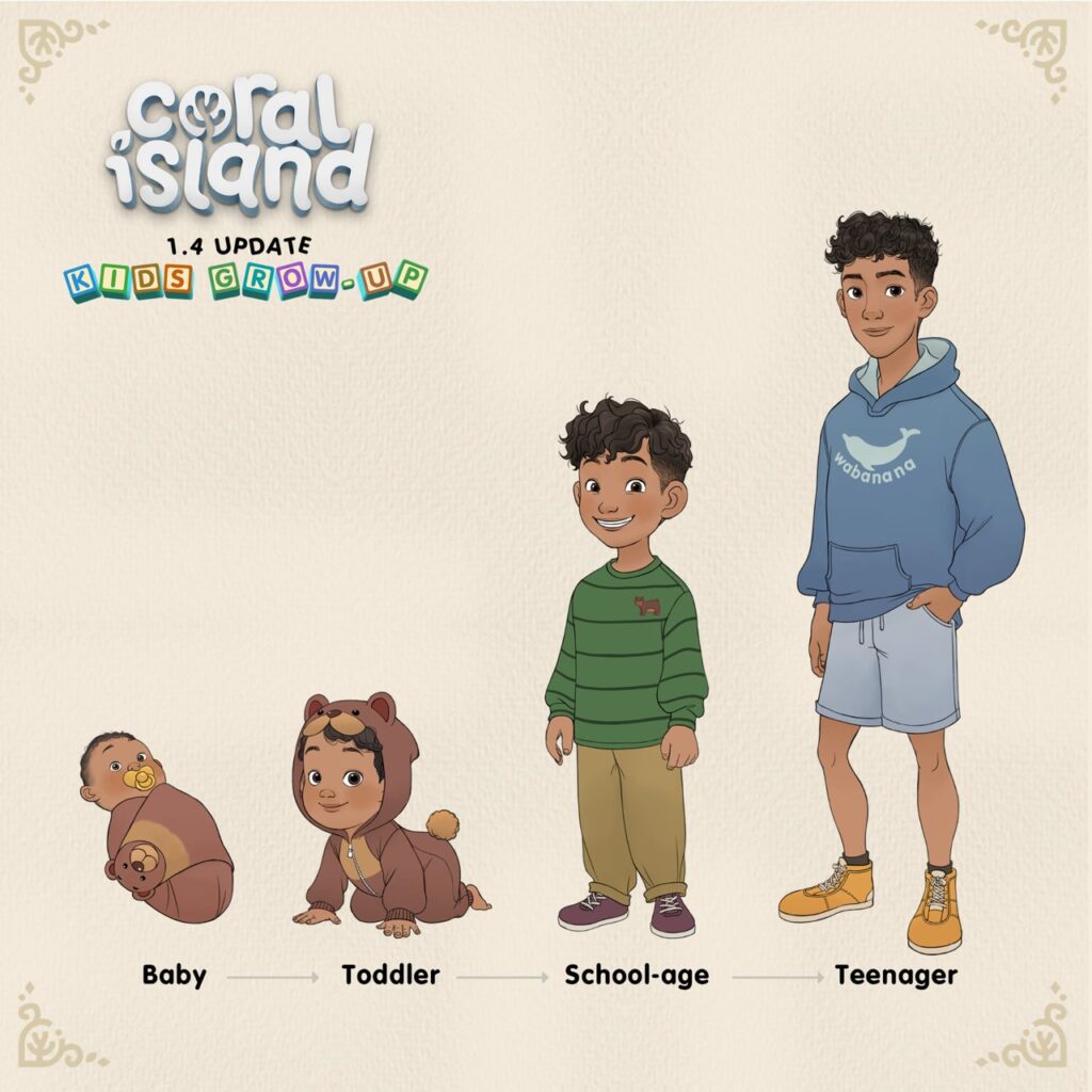 Vier levensfasen van kinderen in Coral Island: baby, peuter, schoolkind en tiener