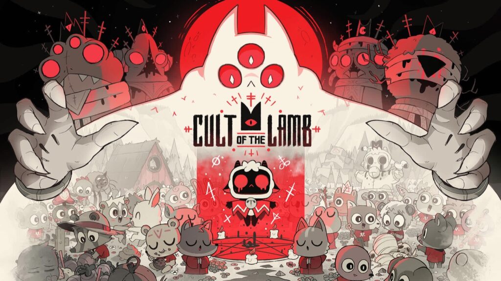 Cult of the Lamb: het lam met zijn volgelingen in de officiële illustratie