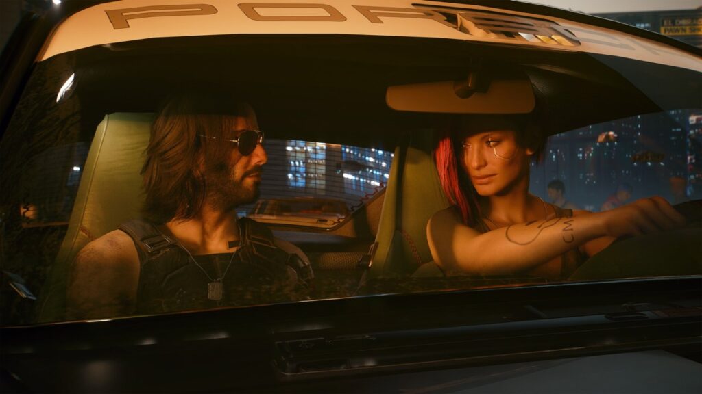 Personages in een auto in Cyberpunk 2077; gamebeeld, geen filmstill