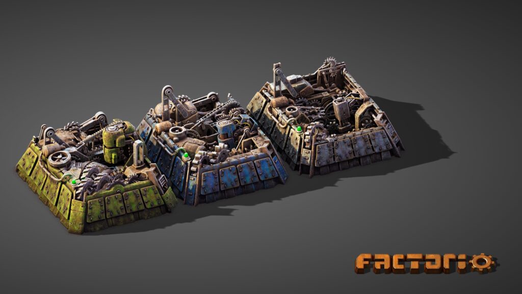 Drie vernieuwde montagemachines uit Factorio 2.1 op een grijze achtergrond
