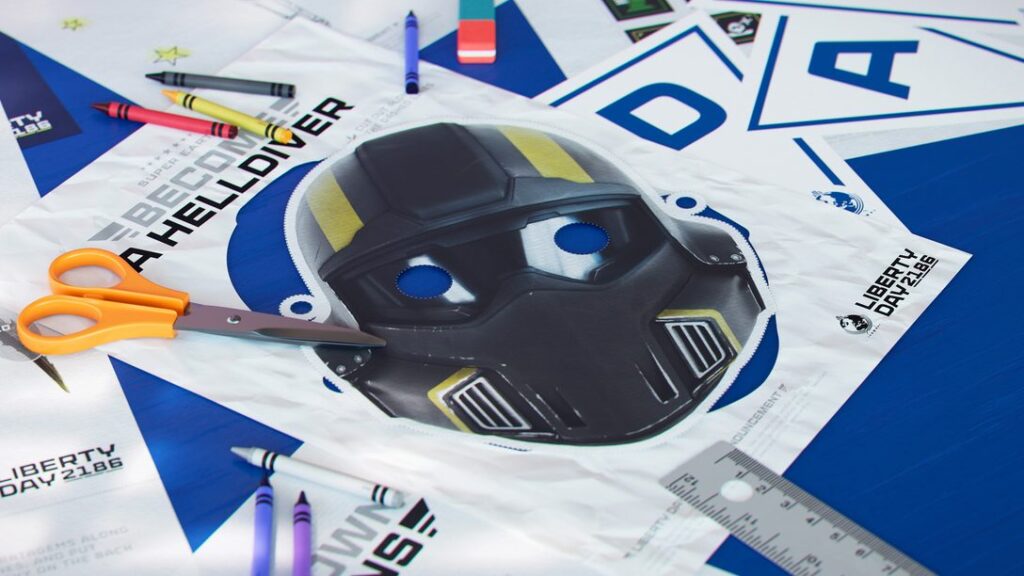 Officieel Liberty Day-knutselpakket met papieren Helldivers-helm, schaar en kleurpotloden