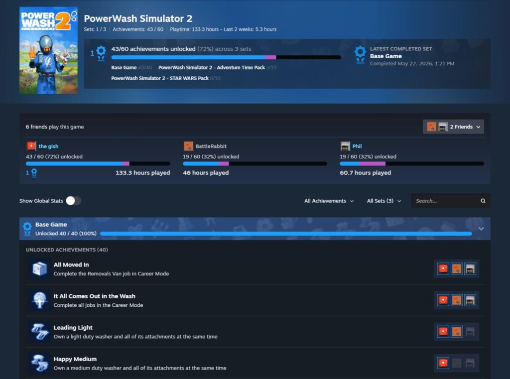 Valve toont aparte achievementsets voor de basisgame en DLC in PowerWash Simulator 2