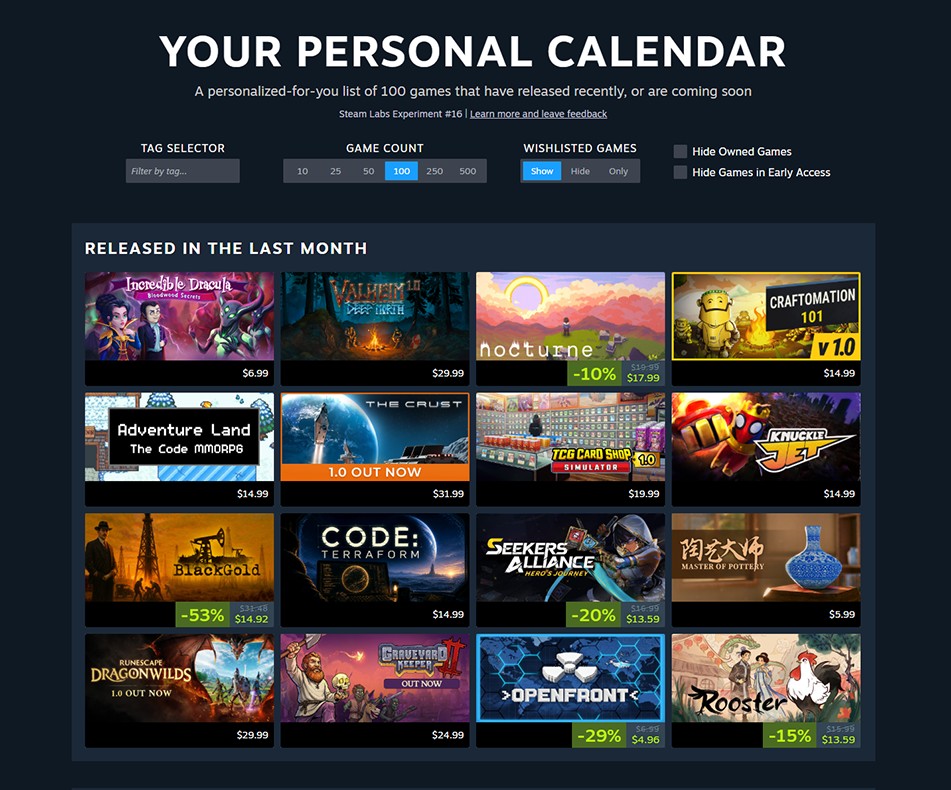 Officieel voorbeeld van Steams persoonlijke kalender met filters en gametegels uit de eerdere Labs-versie
